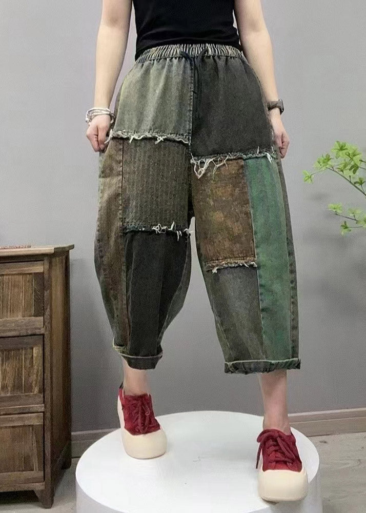 Retro Black Elastic Waist Patchwork Cozy Denim Straight Pants Summer