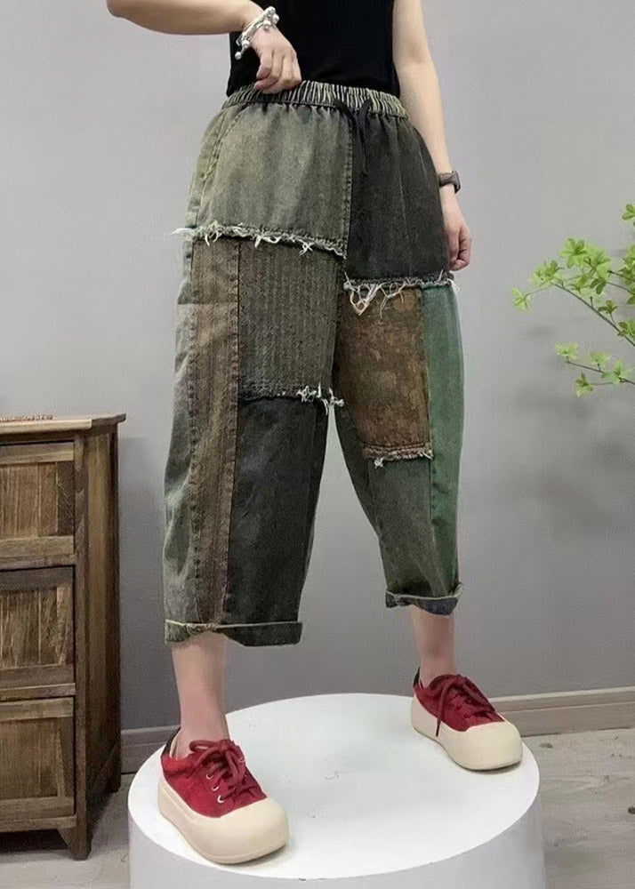 Retro Black Elastic Waist Patchwork Cozy Denim Straight Pants Summer