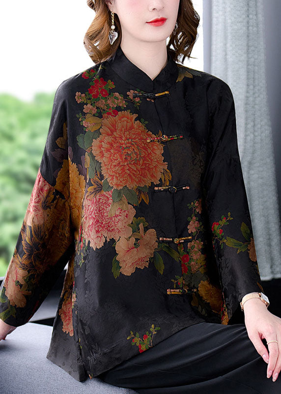 Retro Black Floral Print Stand Collar Oriental Button Silk Coats Long Sleeve