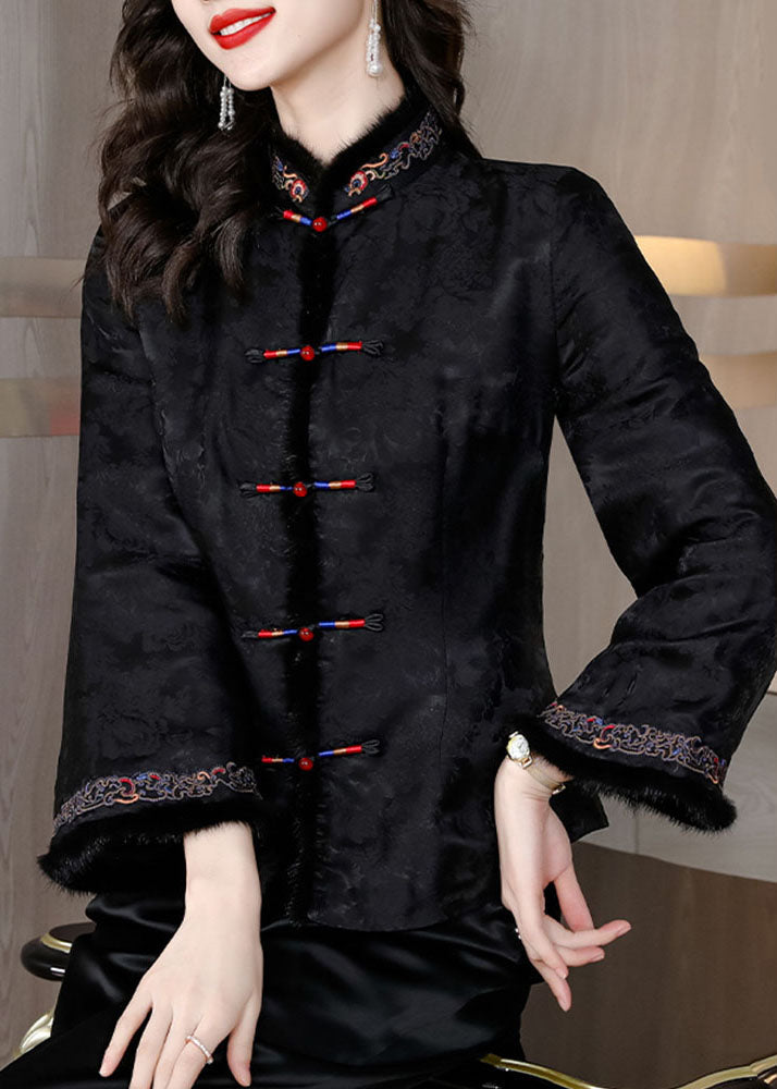 Retro Black Fur Collar Embroideried Button Silk Coats Long Sleeve