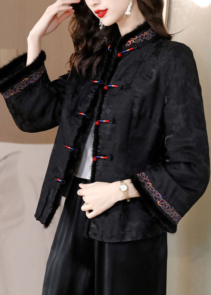 Retro Black Fur Collar Embroideried Button Silk Coats Long Sleeve
