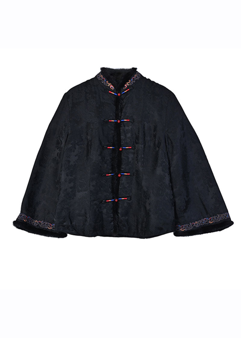 Retro Black Fur Collar Embroideried Button Silk Coats Long Sleeve