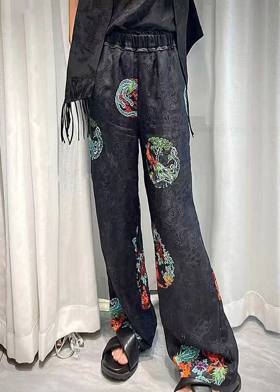 Retro Black Jacquard Elastic Waist Wide Leg Pants Spring Summer