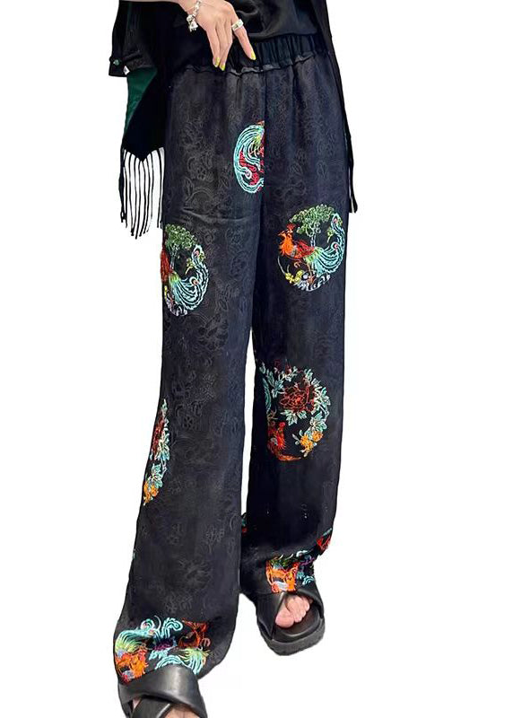 Retro Black Jacquard Elastic Waist Wide Leg Pants Spring Summer