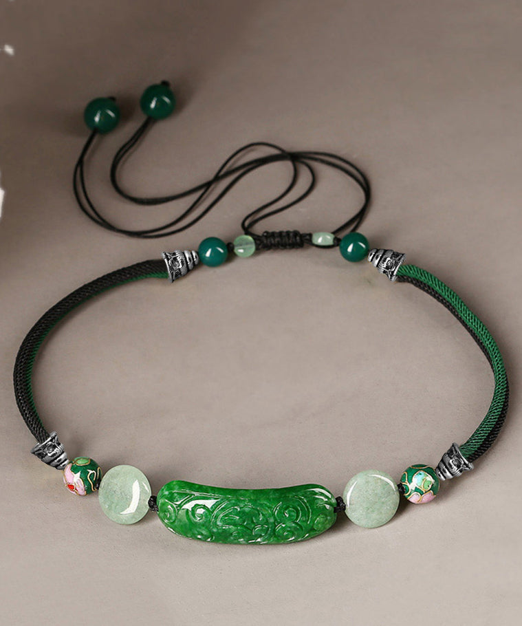 Retro Black Jade Agate Cloisonne Dry Green Adjustable Tassel Charm Bracelet