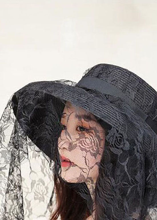 Retro Black Lace Patchwork Straw Woven Floppy Sun Hat