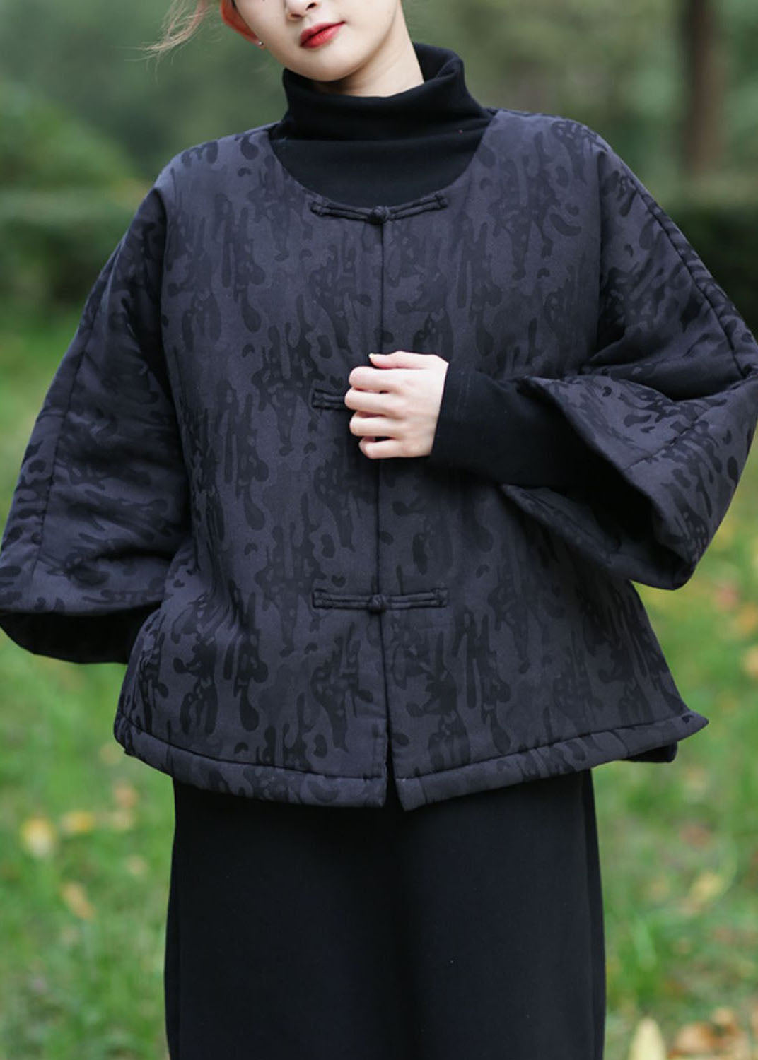 Retro Black O Neck Jacquard Cotton Filled Outwear Winter - Omychic