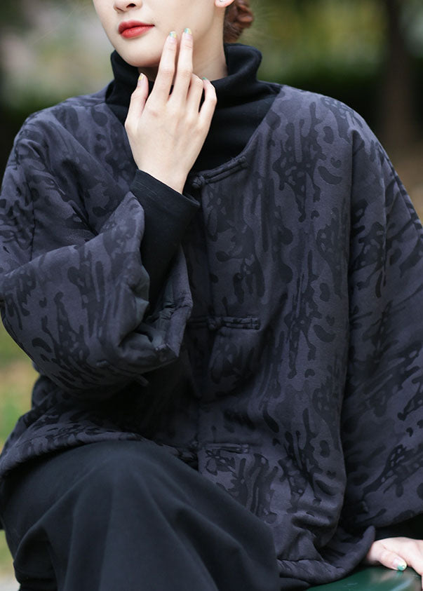 Retro Black O Neck Jacquard Cotton Filled Outwear Winter - Omychic
