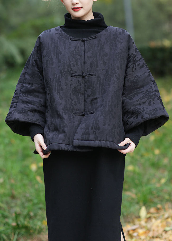 Retro Black O Neck Jacquard Cotton Filled Outwear Winter - Omychic