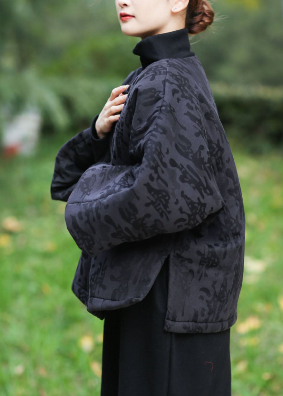 Retro Black O Neck Jacquard Cotton Filled Outwear Winter - Omychic