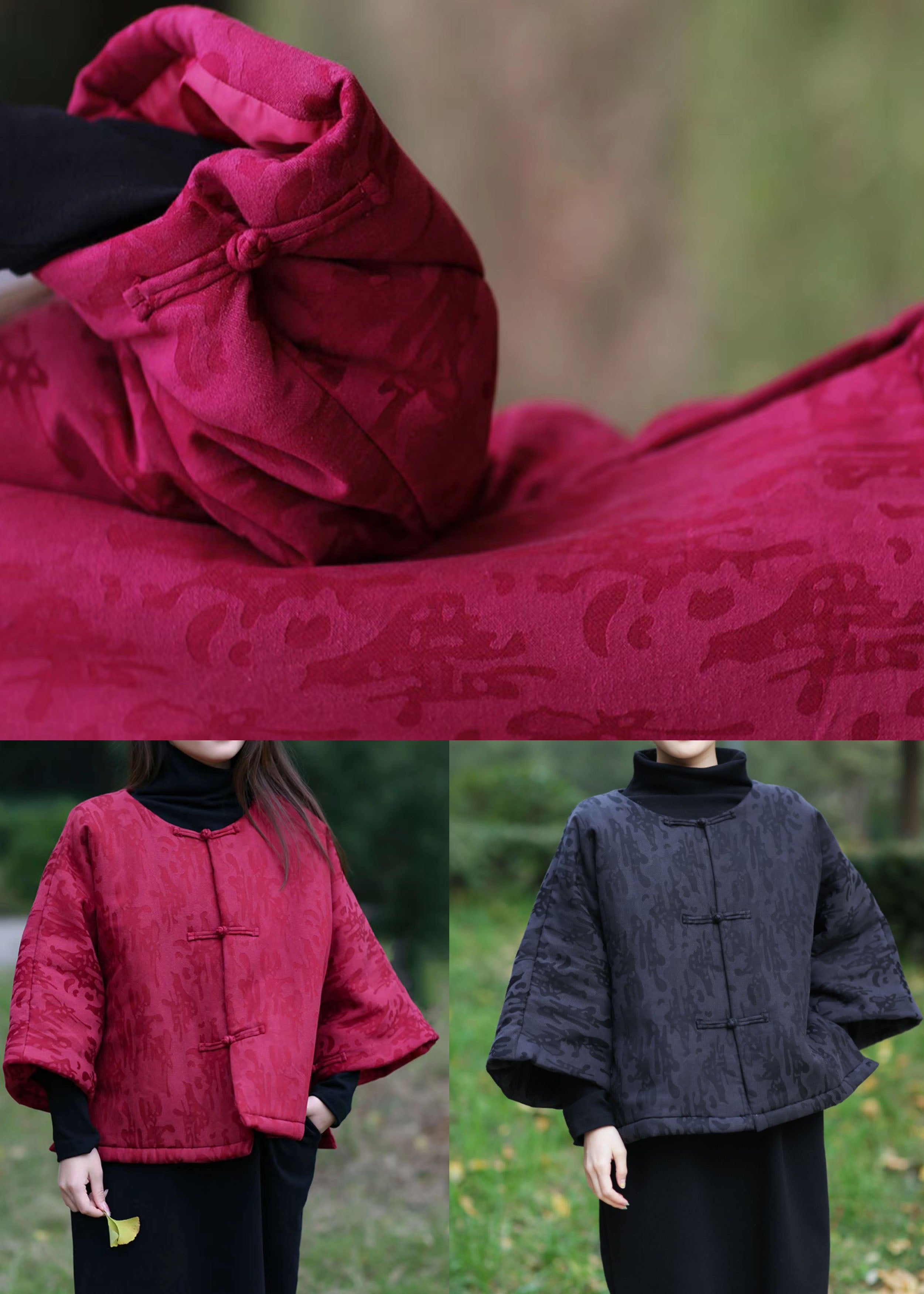 Retro Black O Neck Jacquard Cotton Filled Outwear Winter - Omychic