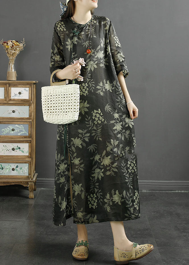 Retro Black Print Chinese Button Patchwork Linen Dresses Summer