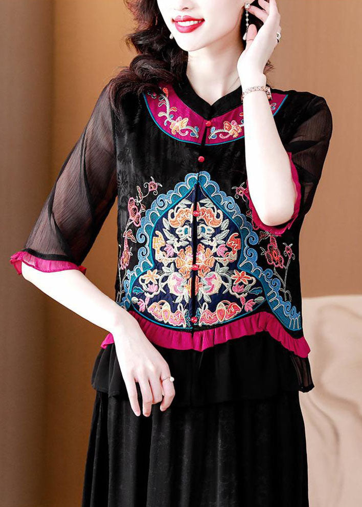 Retro Black Ruffled Embroideried Button Patchwork Chiffon Tops Summer