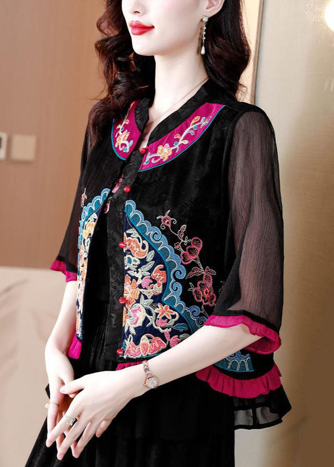Retro Black Ruffled Embroideried Button Patchwork Chiffon Tops Summer