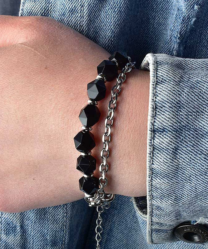 Retro Black Stainless Steel Agate Chain Bracelet