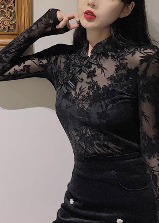 Retro Black Stand Collar Embroideried Floral Lace Tulle Button Tops Fall