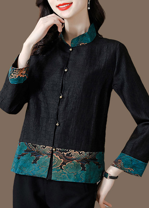 Retro Black Stand Collar Print Patchwork Button Silk Shirt Long Sleeve