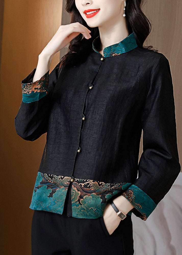 Retro Black Stand Collar Print Patchwork Button Silk Shirt Long Sleeve