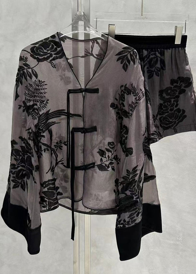 Retro Black Tasseled Jacquard Button Patchwork Silk Sets 2 Pieces Fall