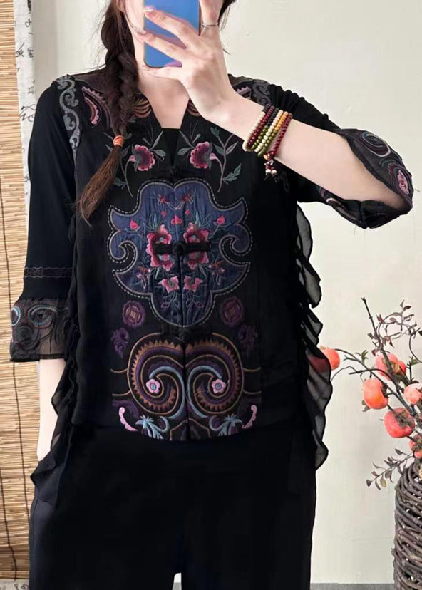 Retro Black V Neck Embroideried Ruffled Silk Waistcoat Sleeveless