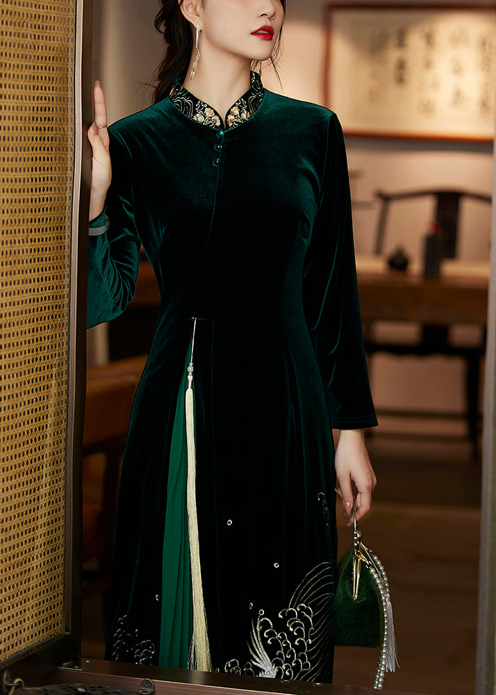 Retro Blackish Green Stand Collar Embroideried Button Velour Maxi Dress Fall