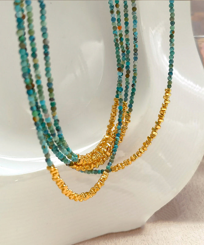 Retro Blue Copper Alloy Gem Stone Beading Gratuated Bead Necklace