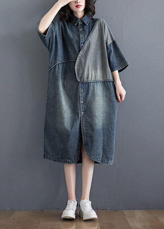 Retro Blue Peter Pan Collar Asymmetrical Patchwork Side Open Denim Dress Half Sleeve