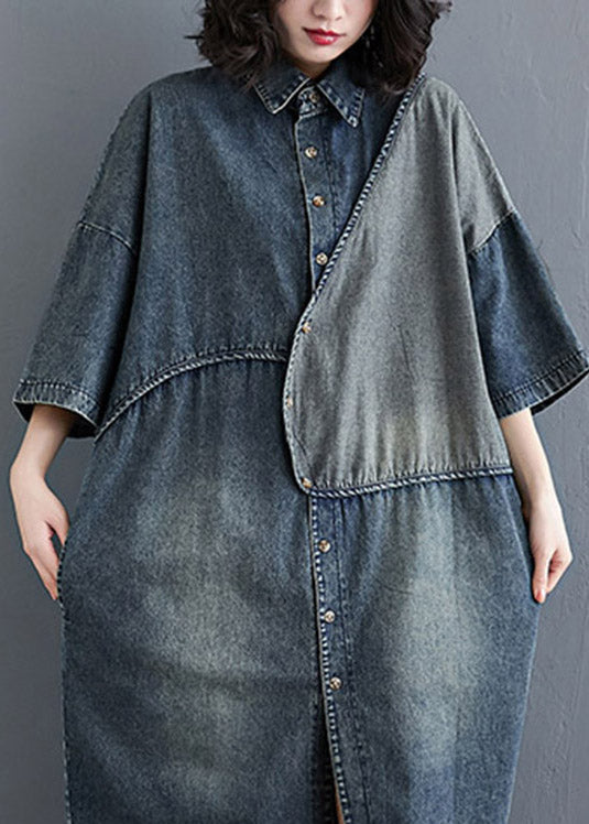 Retro Blue Peter Pan Collar Asymmetrical Patchwork Side Open Denim Dress Half Sleeve