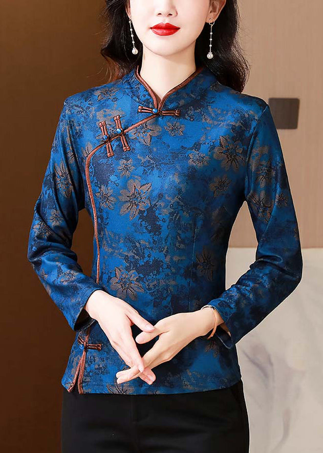 Retro Blue Stand Collar Print Chinese Button Warm Fleece Shirt Top Winter