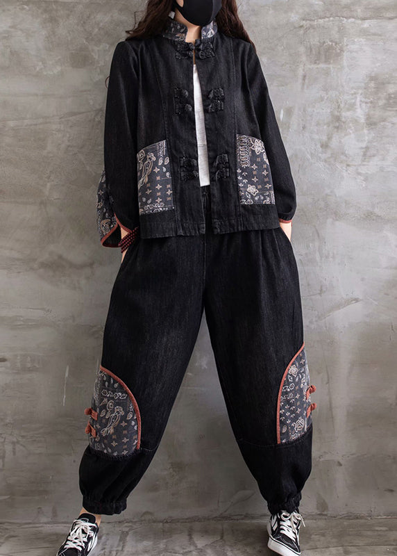 Retro Blue Stand Collar Print Cotton Denim Coats And Pants Two Pieces Set Fall