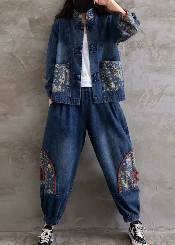 Retro Blue Stand Collar Print Cotton Denim Coats And Pants Two Pieces Set Fall