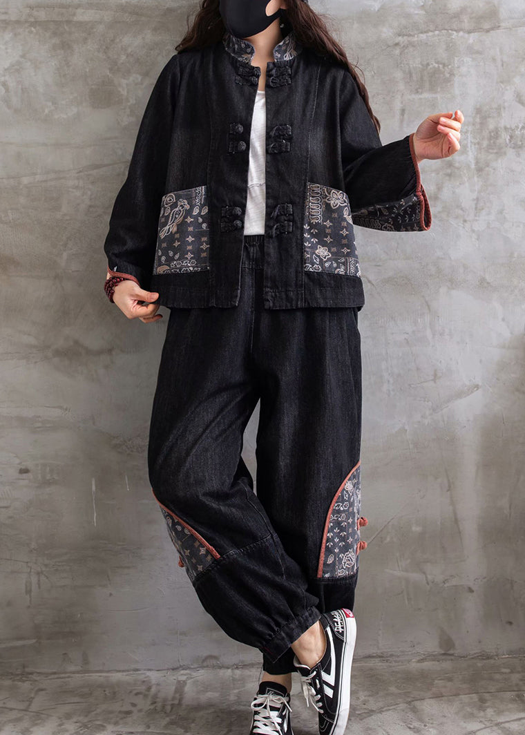 Retro Blue Stand Collar Print Cotton Denim Coats And Pants Two Pieces Set Fall