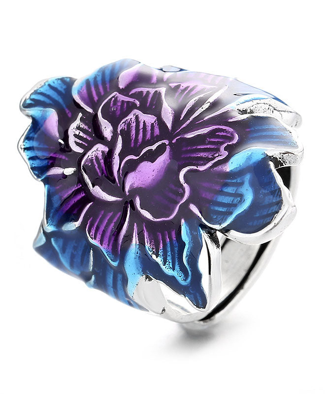 Retro Blue Sterling Silver Cloisonne Peony Flower Rings