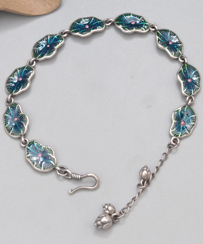 Retro Blue Sterling Silver Oil Drip Lotus Chain Bracelet