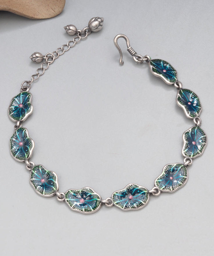 Retro Blue Sterling Silver Oil Drip Lotus Chain Bracelet