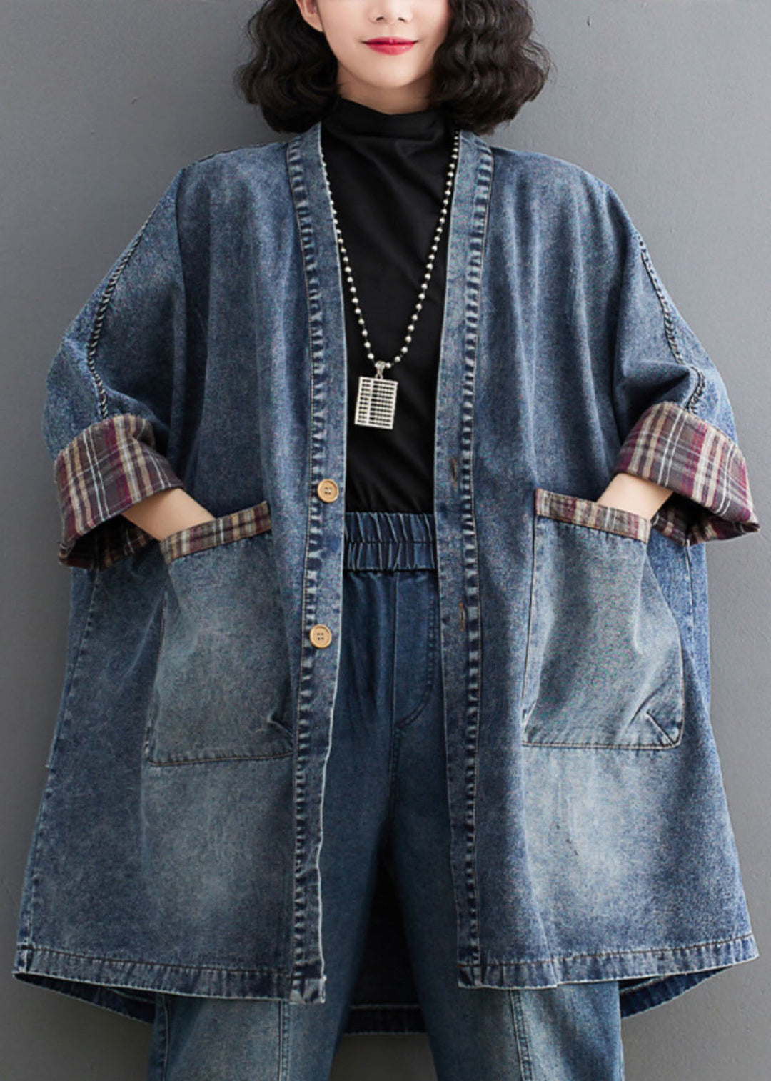 Retro Blue V Neck Striped Patchwork Denim Trench Coat Long Sleeve