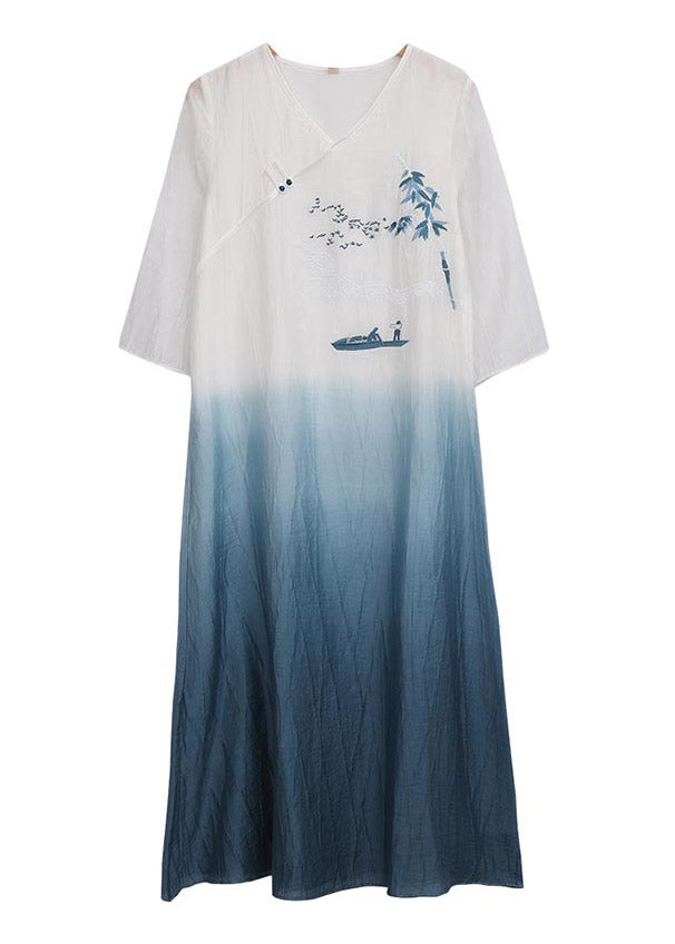 Retro Blue White Gradient Color V Neck Embroideried Long Dress Spring