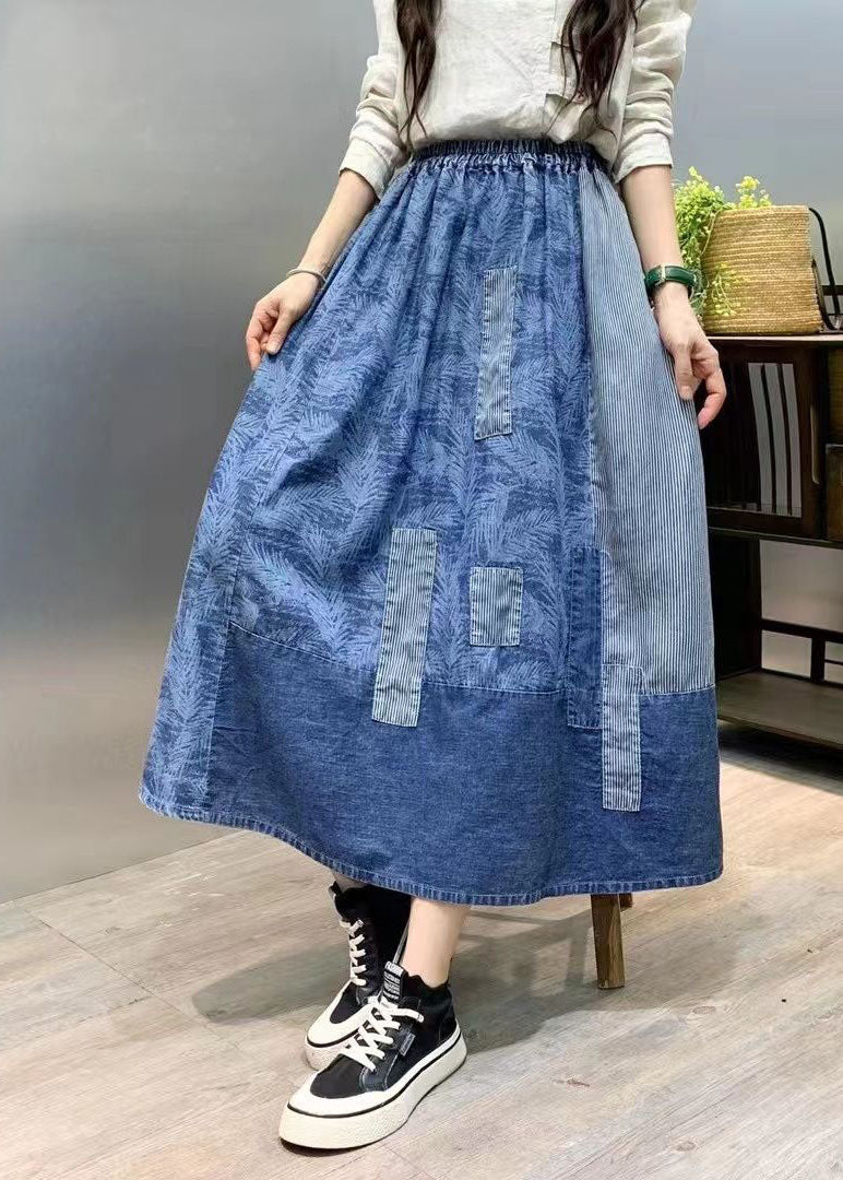 Retro Blue Wrinkled Pockets Print Patchwork Denim Skirts Summer