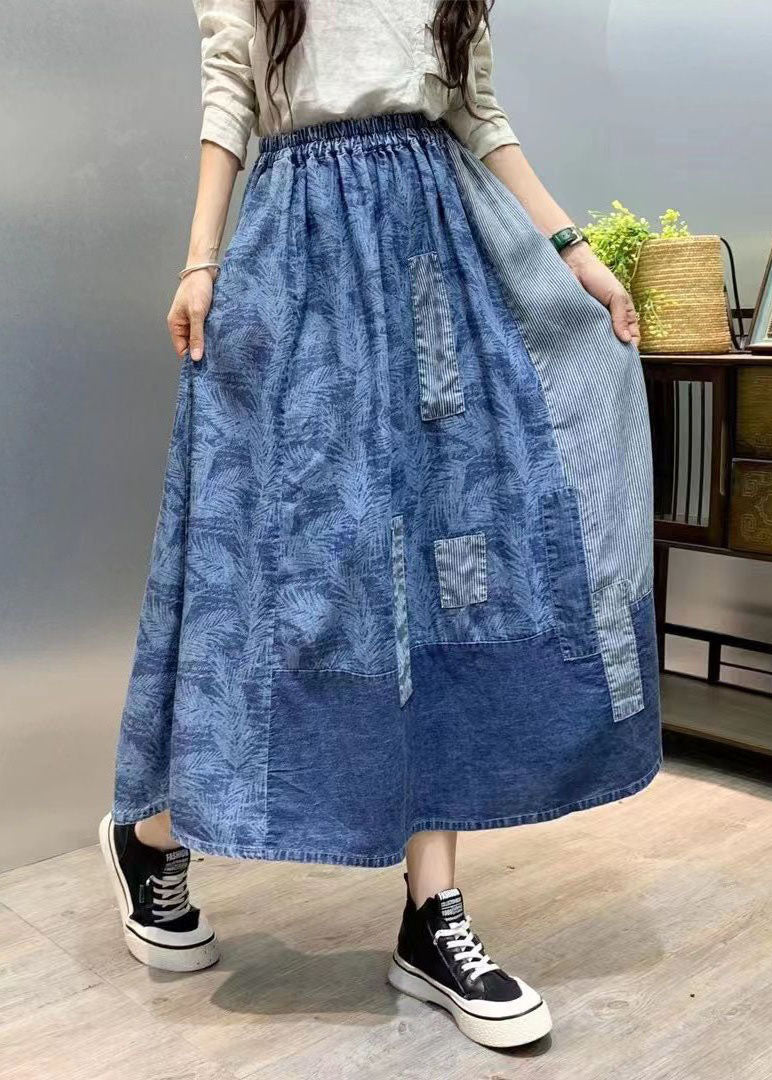 Retro Blue Wrinkled Pockets Print Patchwork Denim Skirts Summer