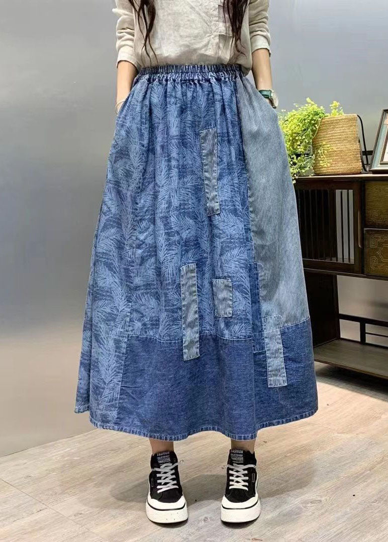 Retro Blue Wrinkled Pockets Print Patchwork Denim Skirts Summer