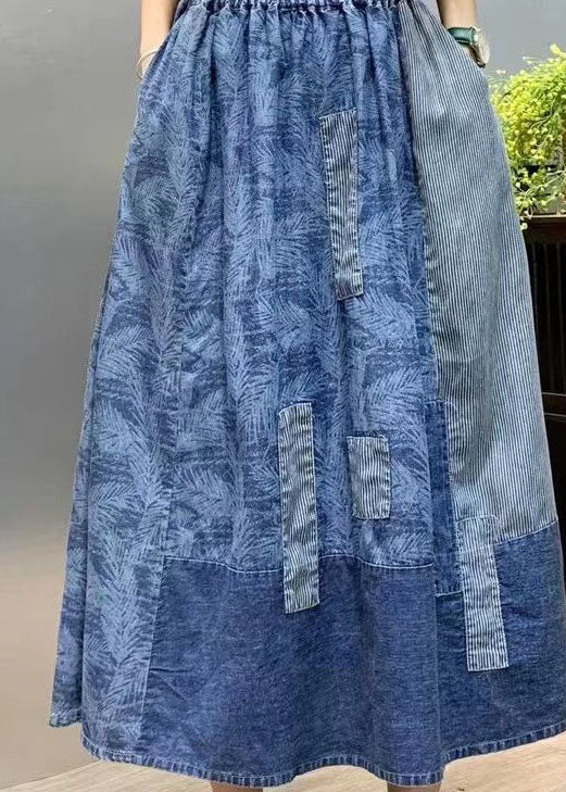 Retro Blue Wrinkled Pockets Print Patchwork Denim Skirts Summer