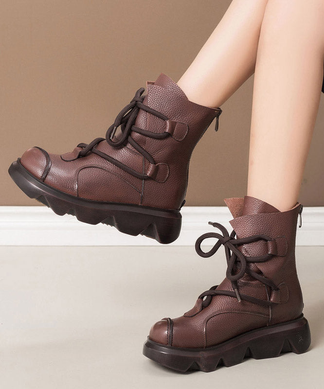 Retro Brown Cowhide Leather Splicing Lace Up Platform Boots