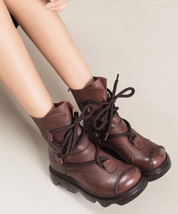 Retro Brown Cowhide Leather Splicing Lace Up Platform Boots