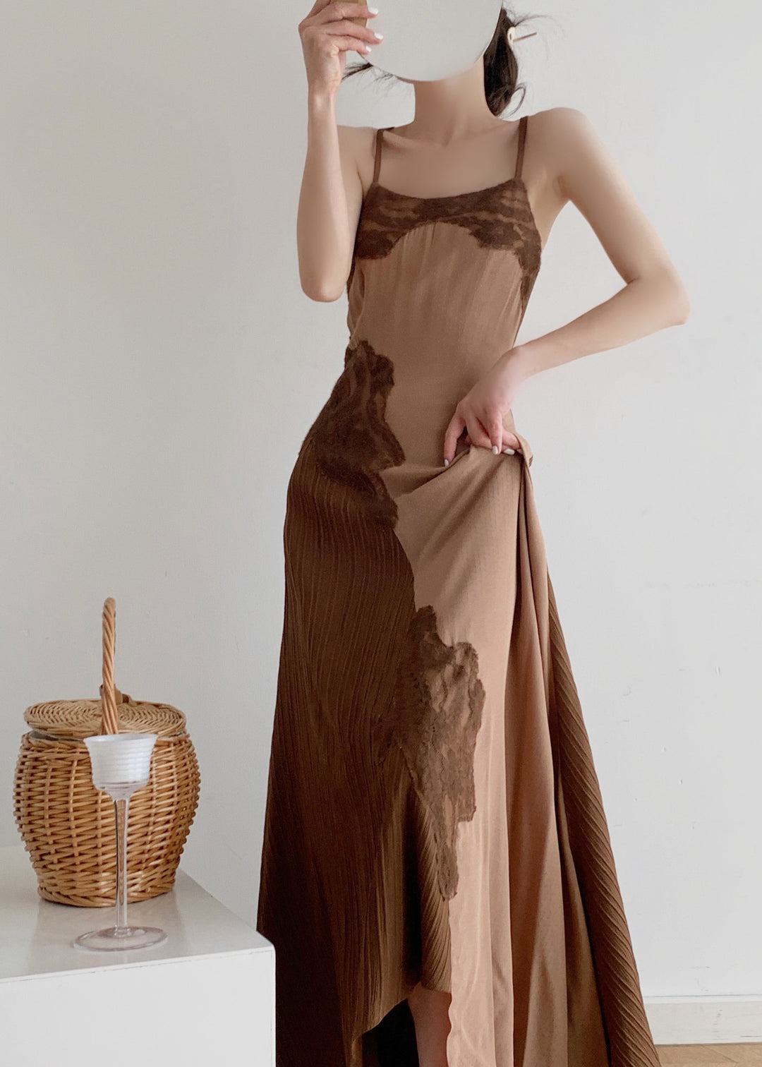 Retro Brown Patchwork Vacation Maxi Slip Dresses Summer