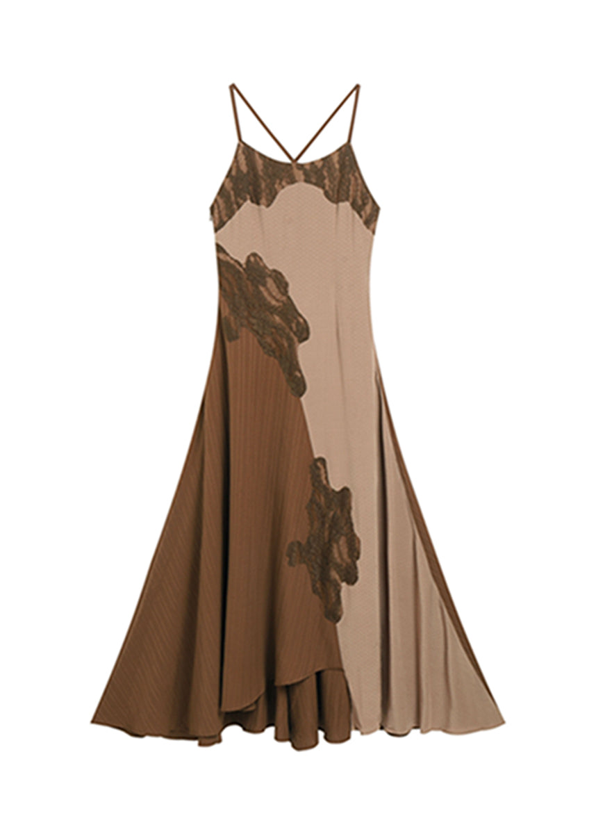 Retro Brown Patchwork Vacation Maxi Slip Dresses Summer