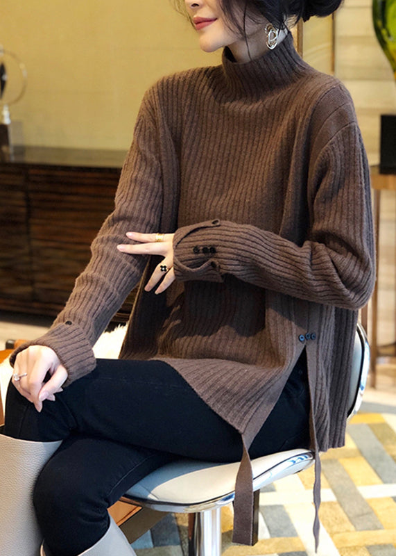 Retro Brown Turtleneck Side Open Thick Wooled Knitted Sweaters Fall