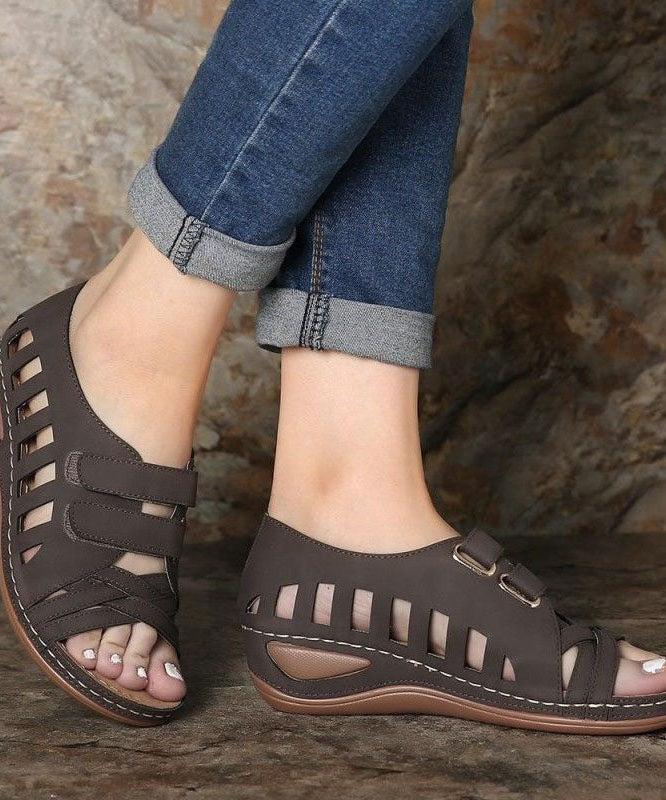 Retro Coffee Hollow Out Splicing Peep Toe Sandals Faux Leather