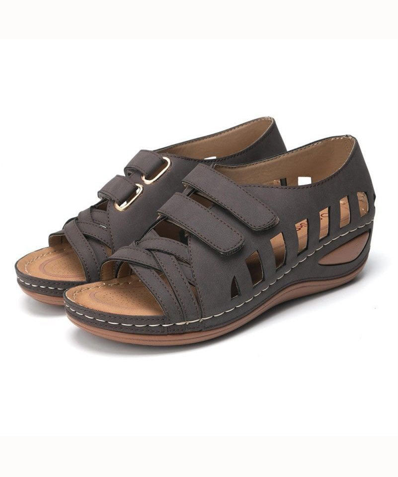 Retro Coffee Hollow Out Splicing Peep Toe Sandals Faux Leather