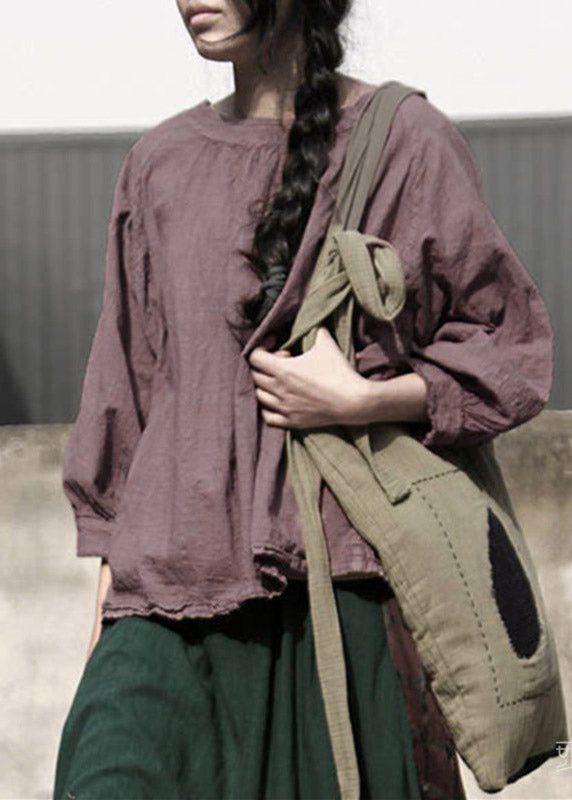 Retro Coffee O-Neck Linen T Shirt Long Sleeve