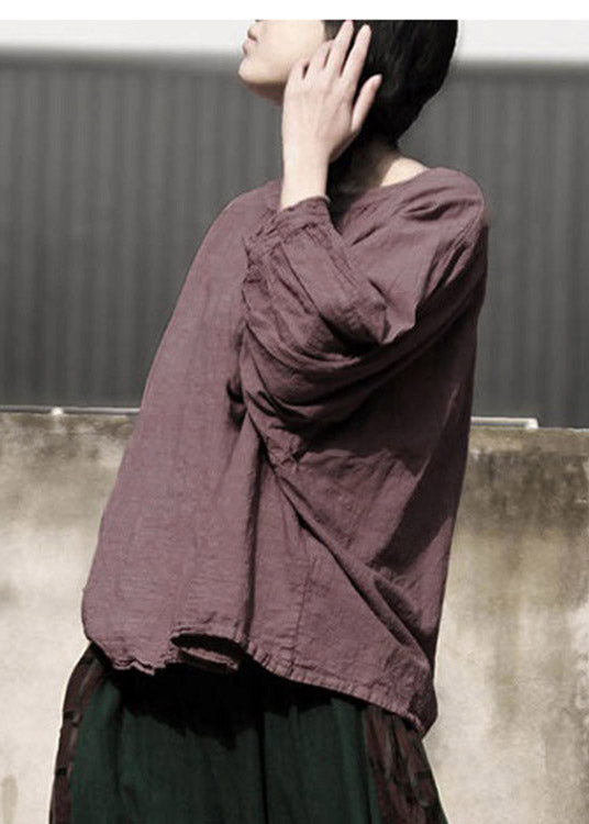 Retro Coffee O-Neck Linen T Shirt Long Sleeve